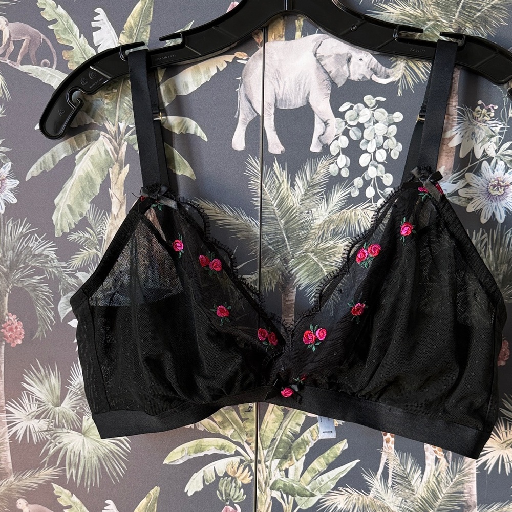 Cacique Black Sheer Bralette with Pink Floral Embroidery NWOT